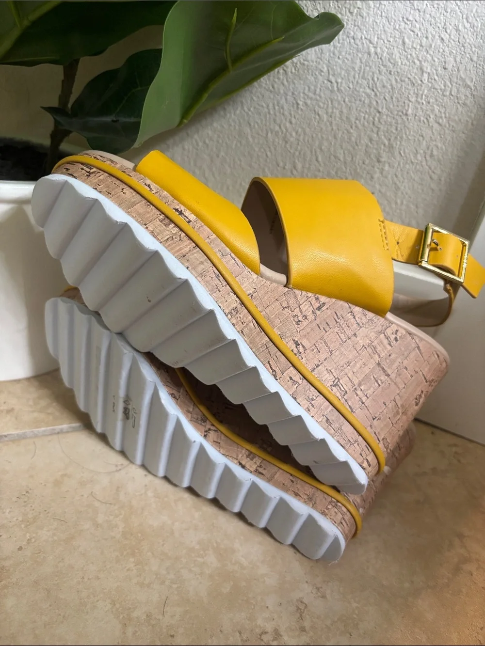 Marc New York Mustard Yellow Wide-Strap Wedge Sandals